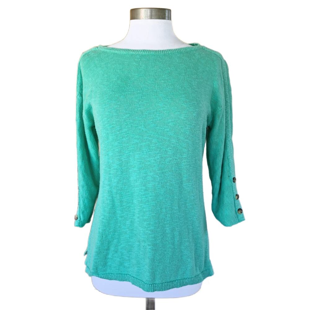 TALBOTS Sea Glass Green Ballet Neck Sweater Medium Cotton Blend 3/4 Sleeve